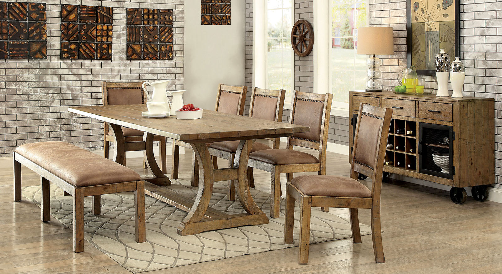 Gianna Rustic Oak 7 Pc. Dining Table Set (w/ 2 Wingback Chairs) - ATL FURNITURE