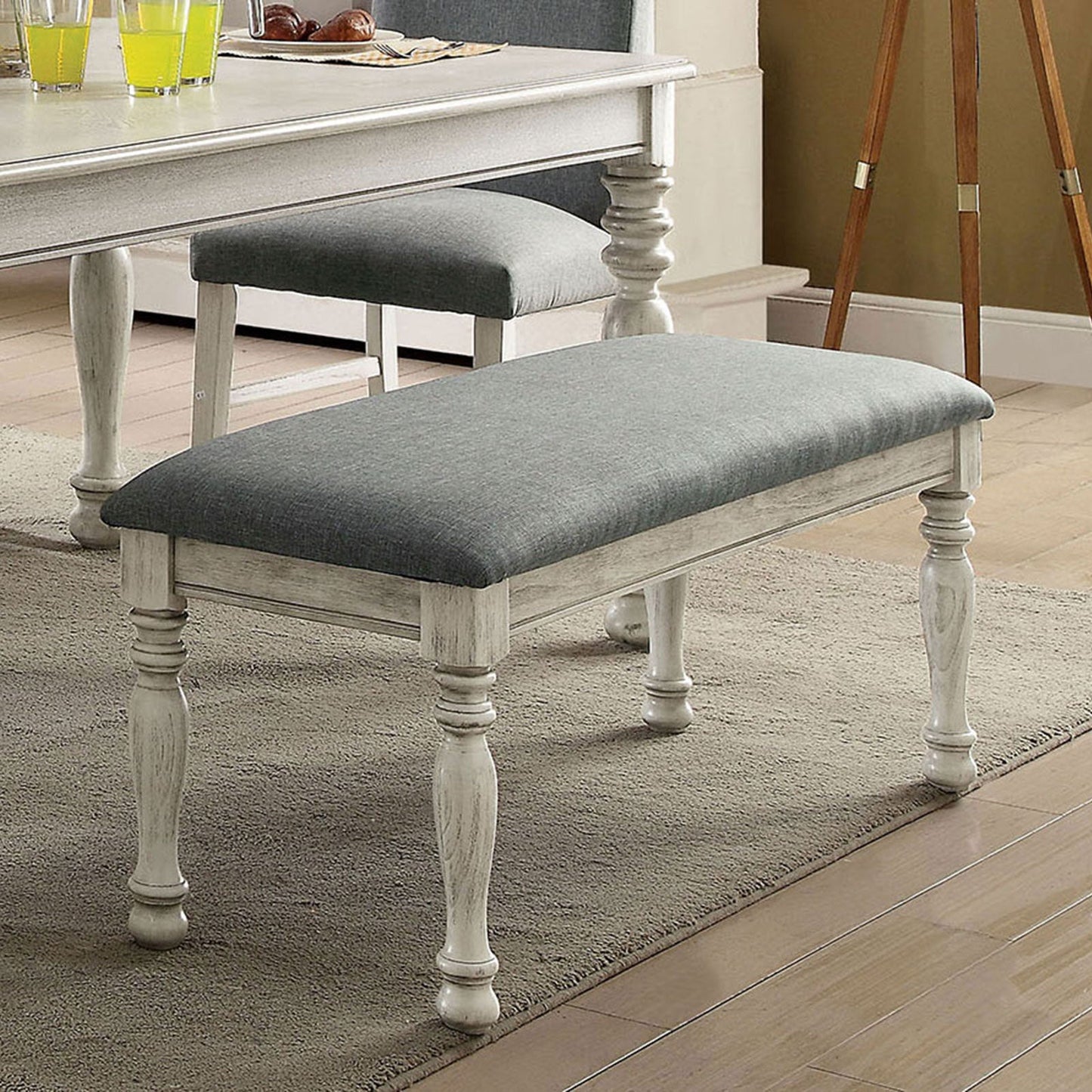 Kathryn Antique White/Gray Bench, White - ATL FURNITURE