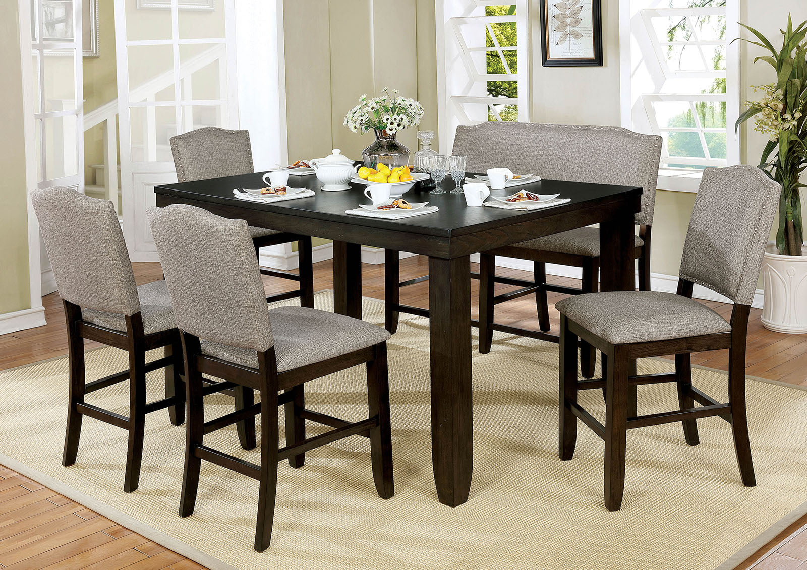 Teagan Dark Walnut 6 Pc. Dining Table Set w/ Bench - ATL FURNITURE