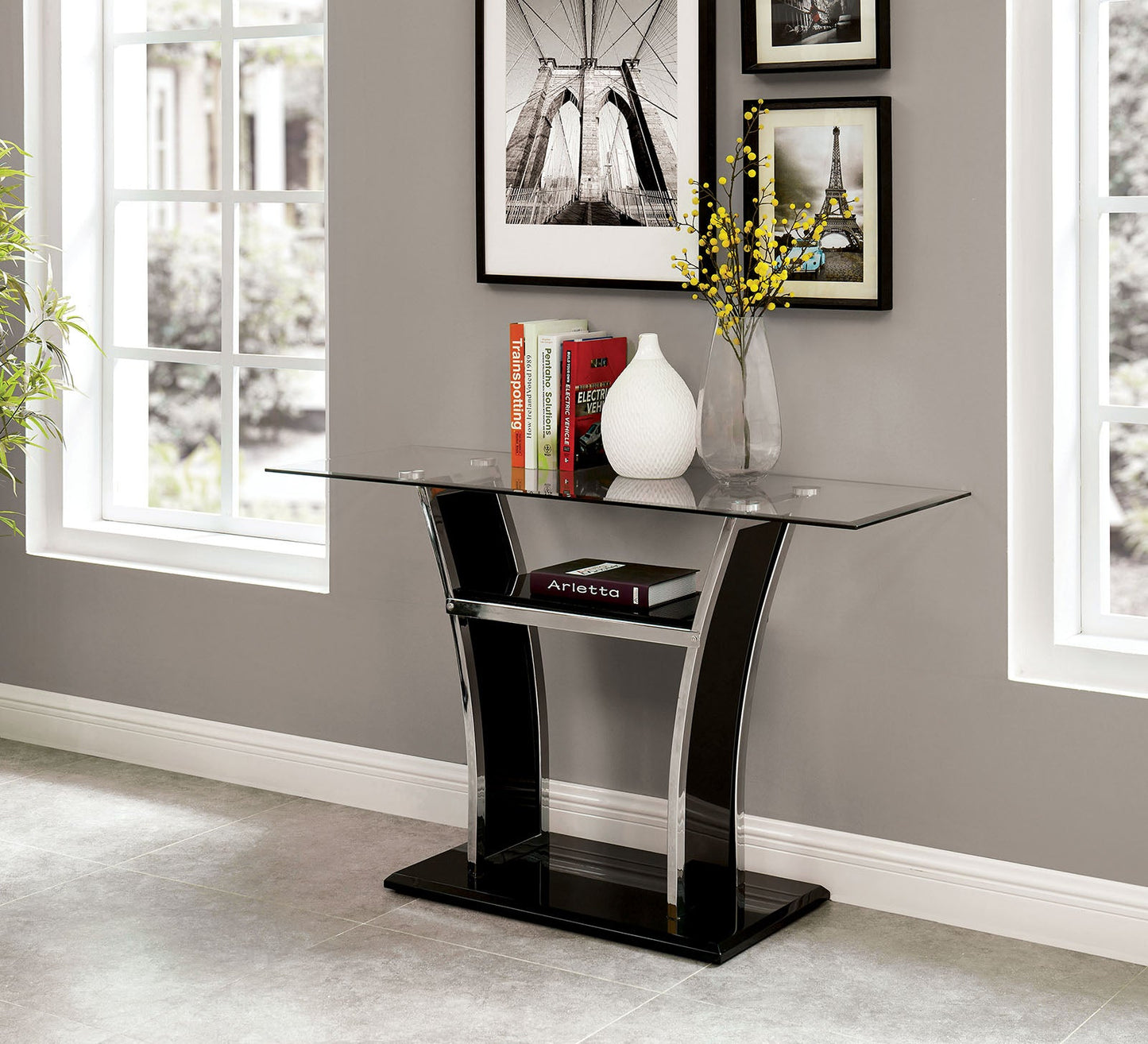 Staten Glossy Black/Chrome Sofa Table - ATL FURNITURE