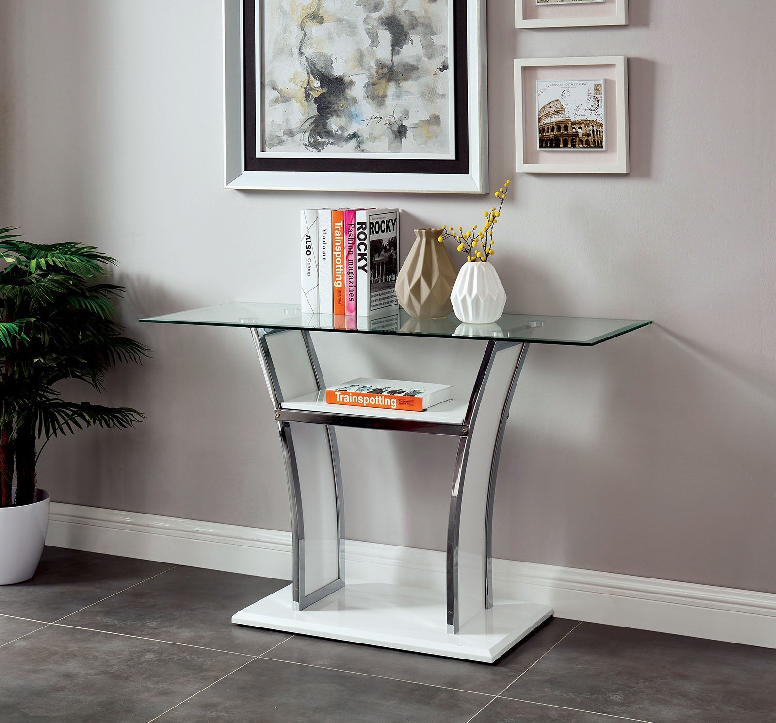 Staten Glossy White/Chrome Sofa Table - ATL FURNITURE