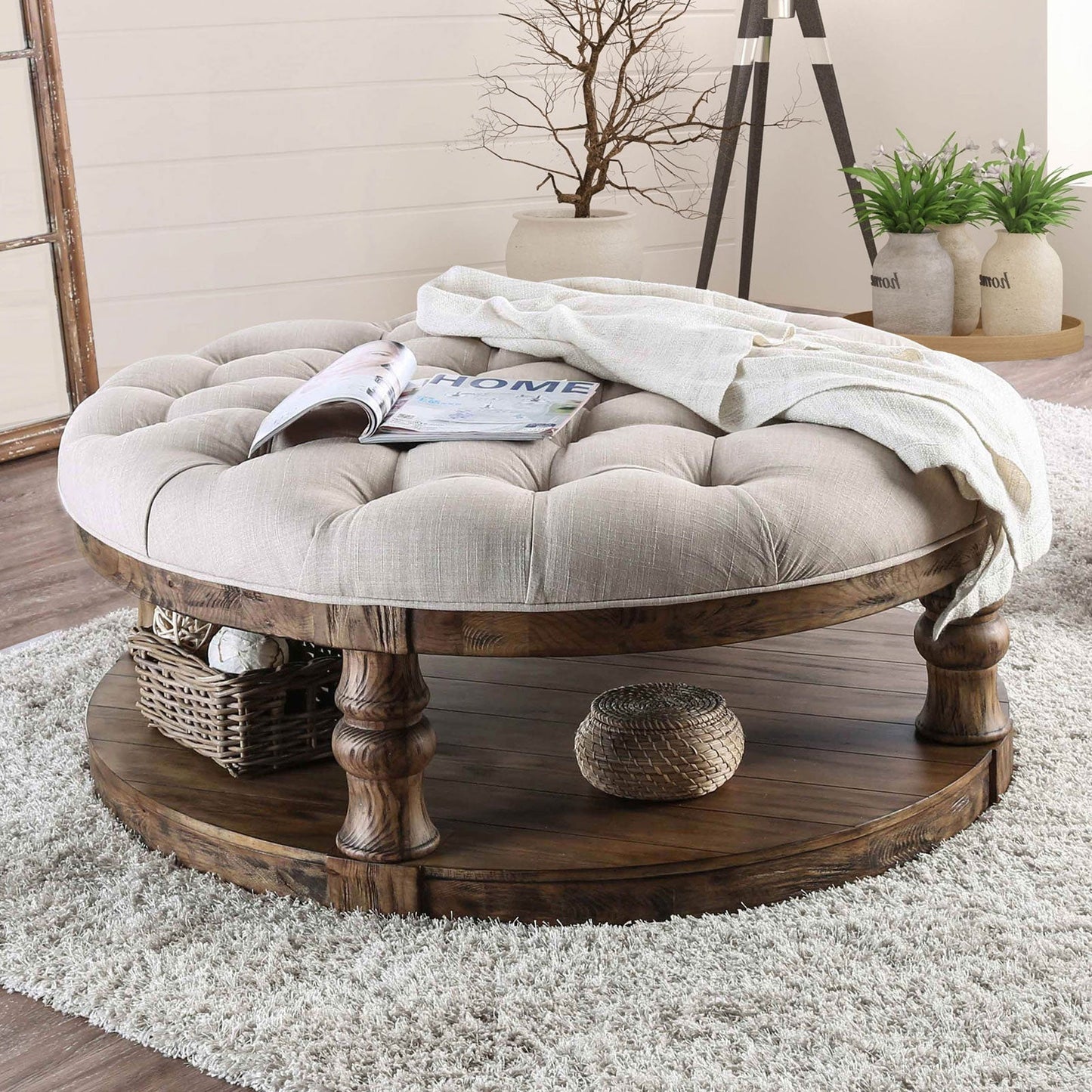 Mika Antique Oak Coffee Table w/ Cushion Top - ATL FURNITURE