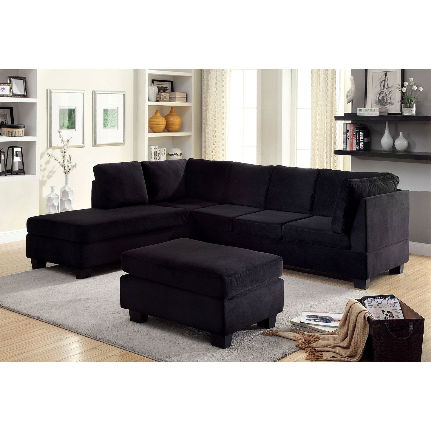 LOMMA Black Sectional + Ottoman, Black - ATL FURNITURE