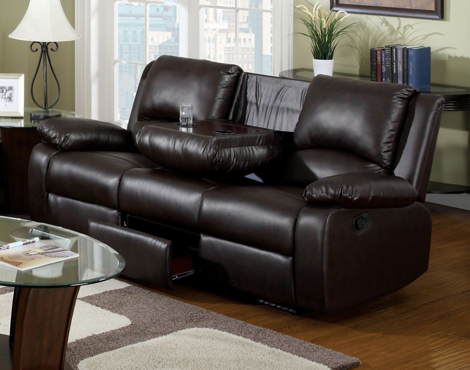 Oxford Rustic Dark Brown Motion Sofa w/ Drop-Down Table - ATL FURNITURE