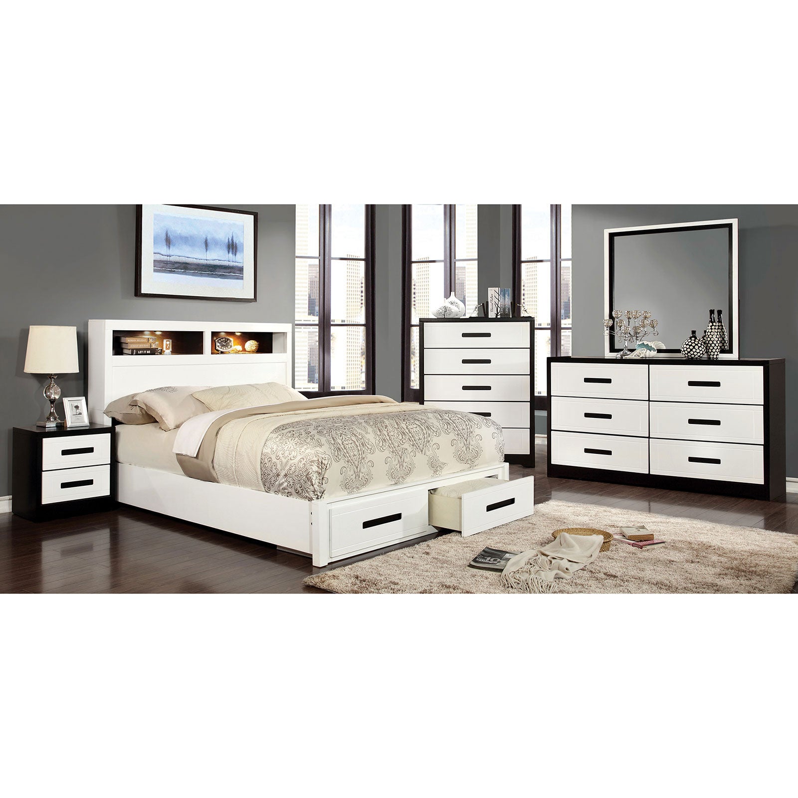 RUTGER White/Black 5 Pc. Queen Bedroom Set w/ Chest - ATL FURNITURE