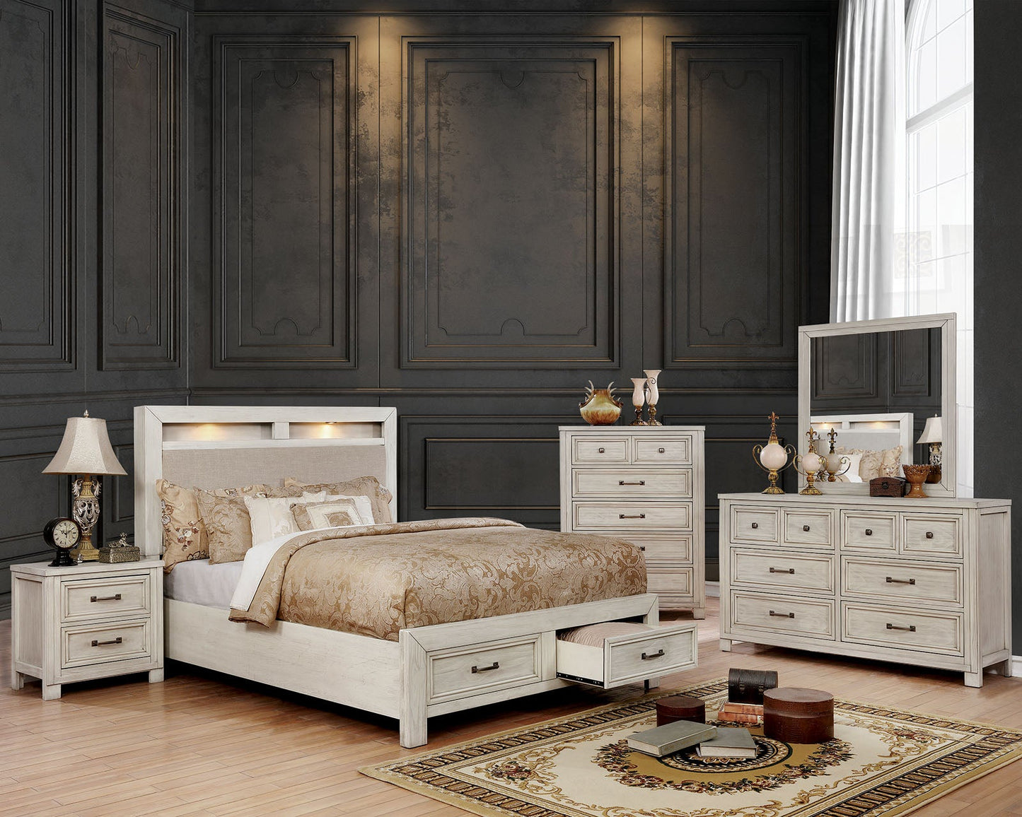 Tywyn Antique White 5 Pc. Queen Bedroom Set w/ 2NS - ATL FURNITURE