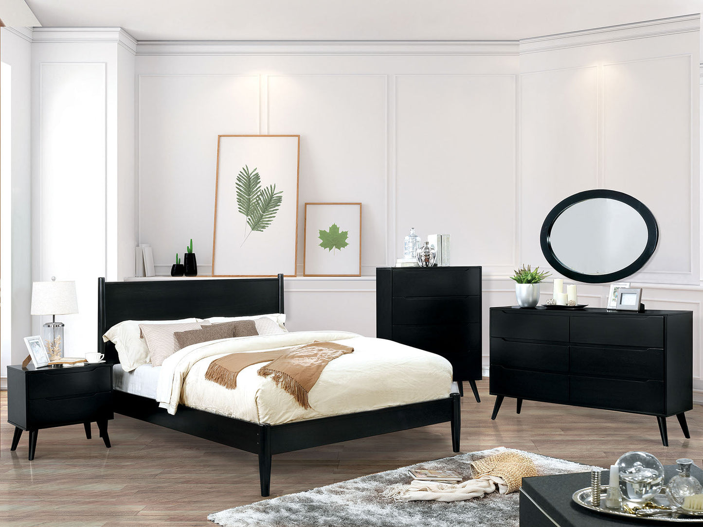 LENNART II Black 4 Pc. Queen Bedroom Set w/ Oval Mirror - ATL FURNITURE