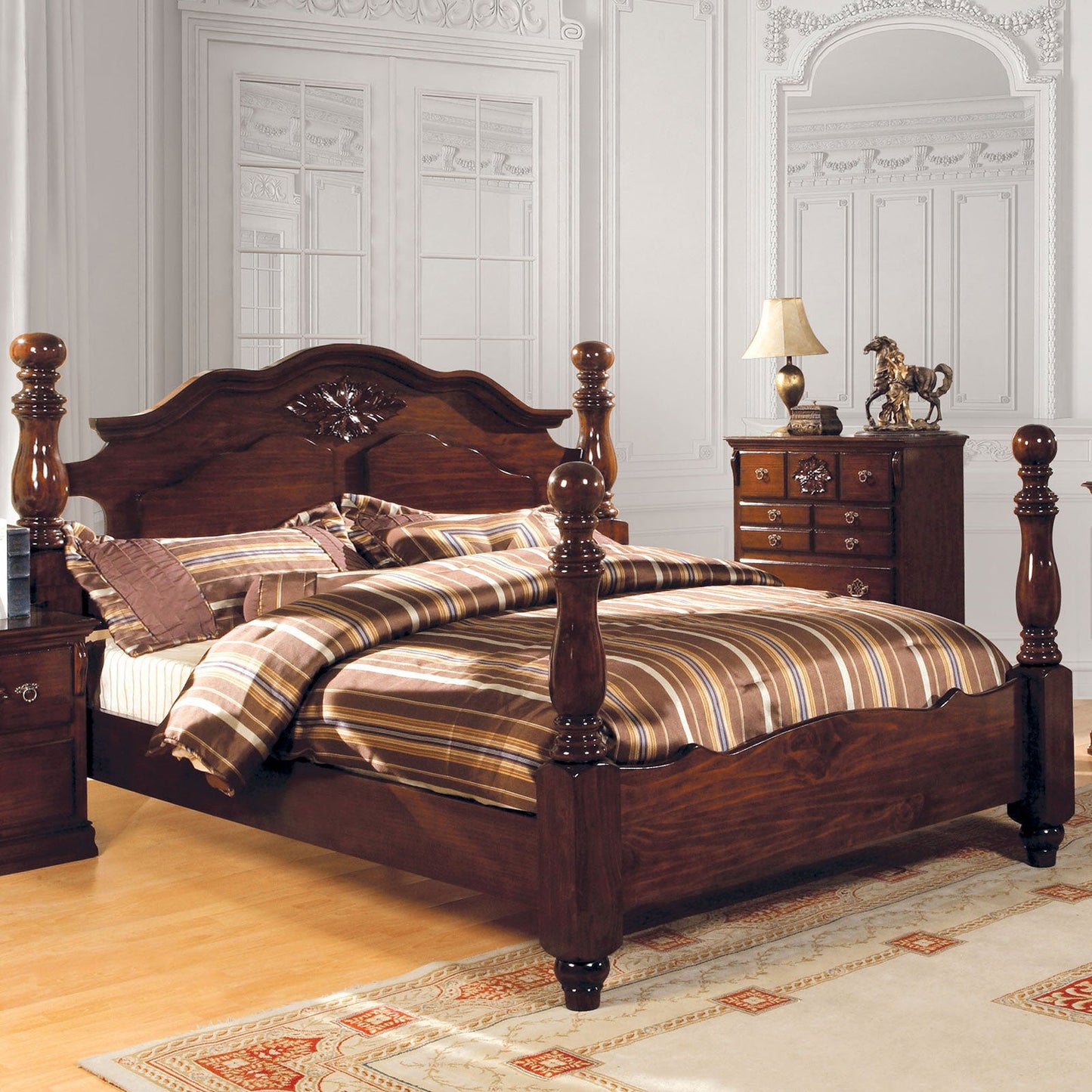 Tuscan II Glossy Dark Pine Queen Bed - ATL FURNITURE