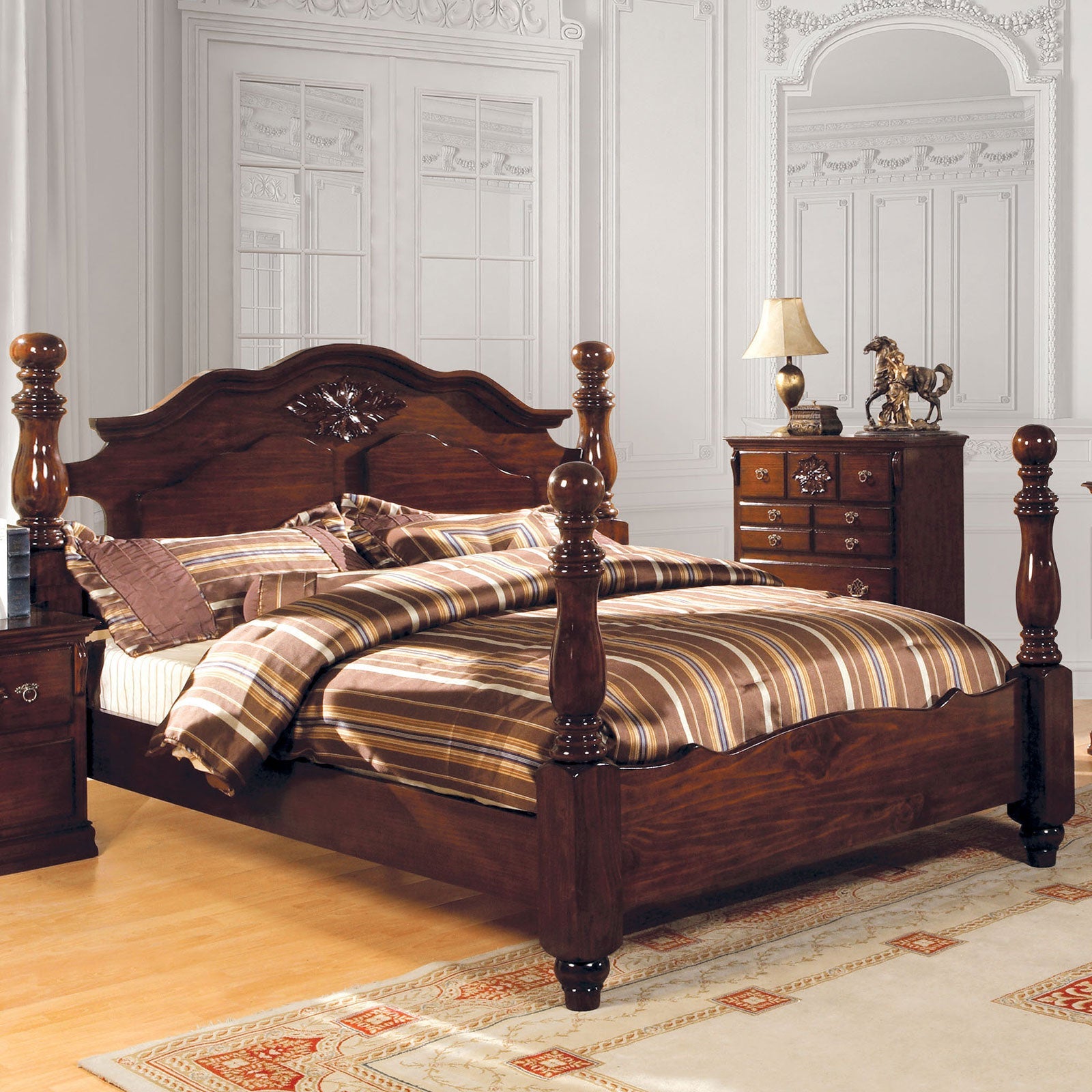 Tuscan II Glossy Dark Pine Queen Bed - ATL FURNITURE
