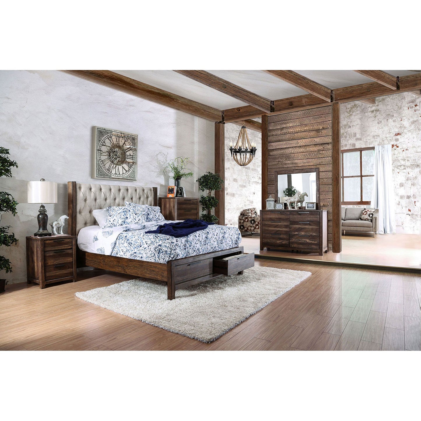 Hutchinson Rustic Natural Tone/Beige 5 Pc. Queen Bedroom Set w/ 2NS - ATL FURNITURE