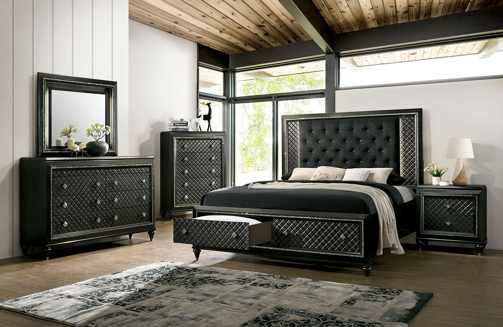 Demetria Metallic Gray 5 Pc. Queen Bedroom Set w/ Chest - ATL FURNITURE