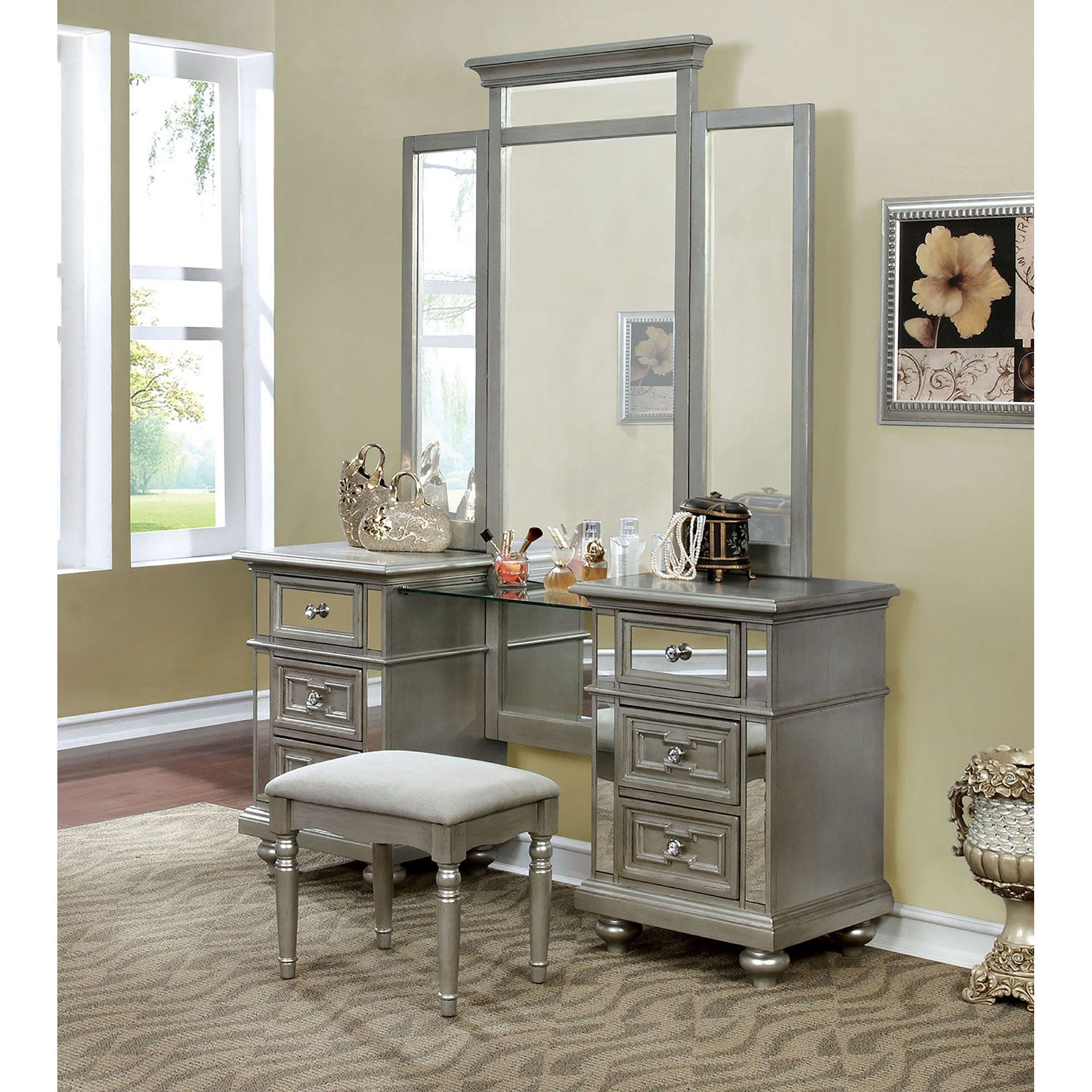 Salamanca Silver Vanity w/ Stool - ATL FURNITURE