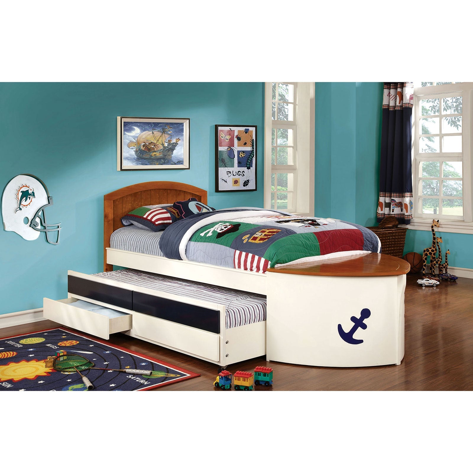 Voyager White/Oak/Navy Blue Twin Bed w/ Trundle + Drawers - ATL FURNITURE