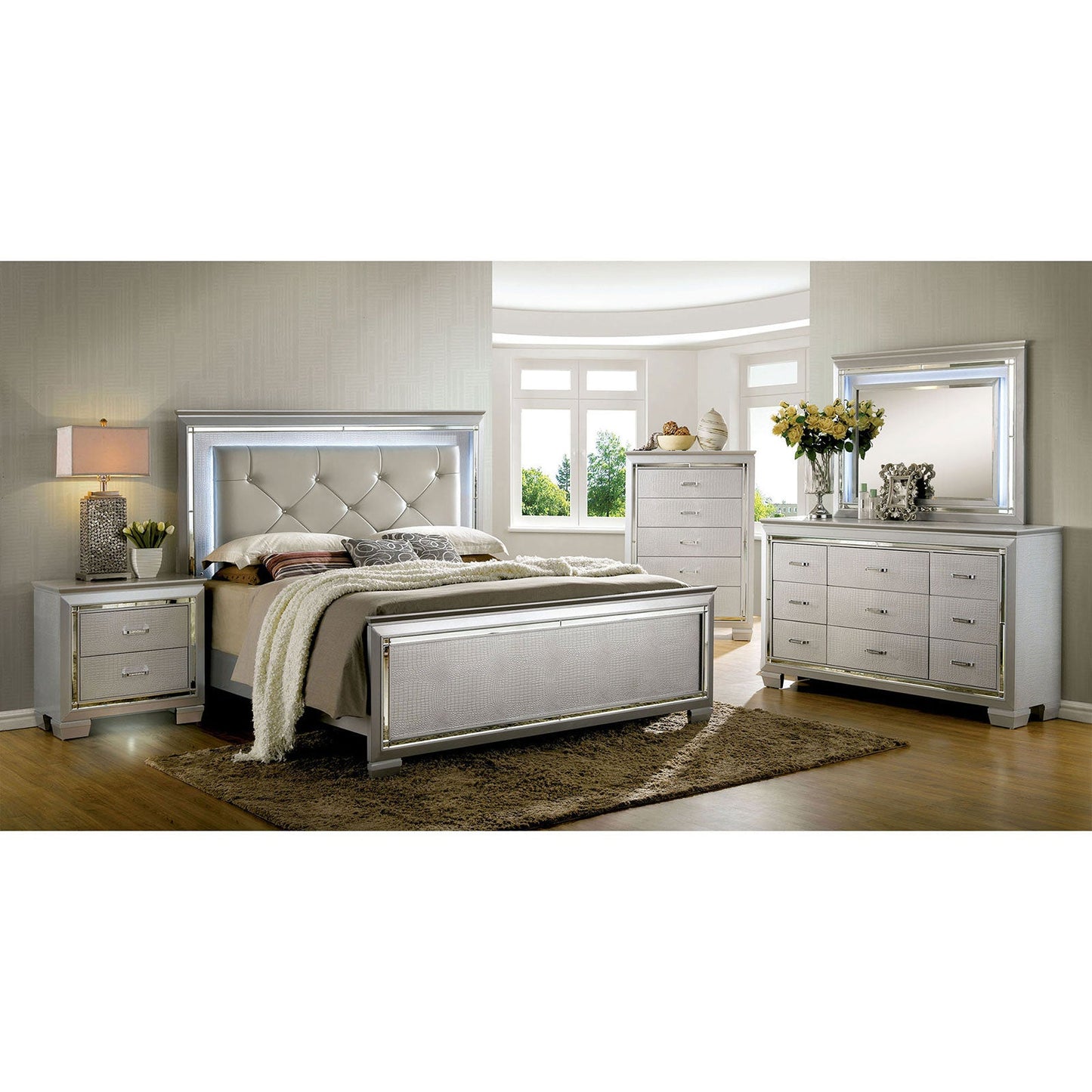 BELLANOVA Silver 5 Pc. Queen Bedroom Set w/ Chest - ATL FURNITURE