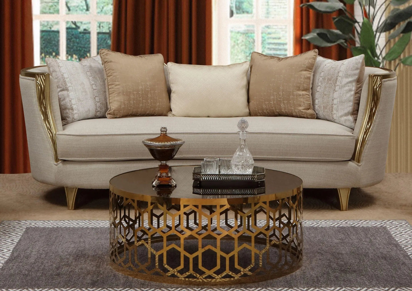 Cora Modern Sofa and Loveseat in Antique Gold Wood Finish by Cosmos Furniture - ATL FURNITURE