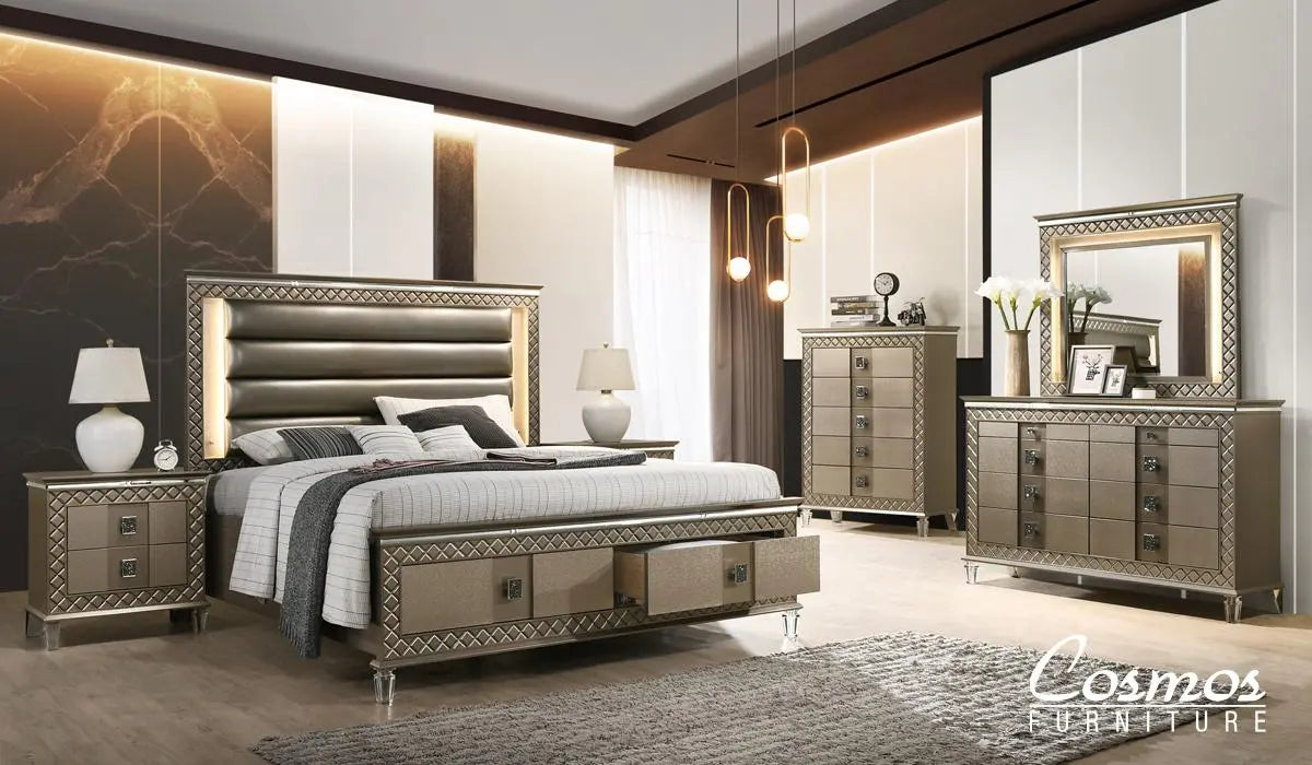 Coral 6Pc Modern Bedroom Set in Bronze Finish by Cosmos Furniture - ATL FURNITURE