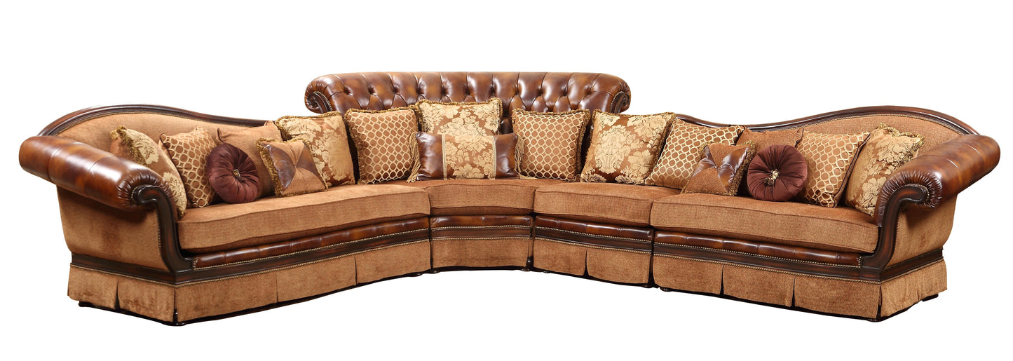 Linda Sectional Traditional Style Leather Sofa in Cherry Wood - ATL FURNITURE