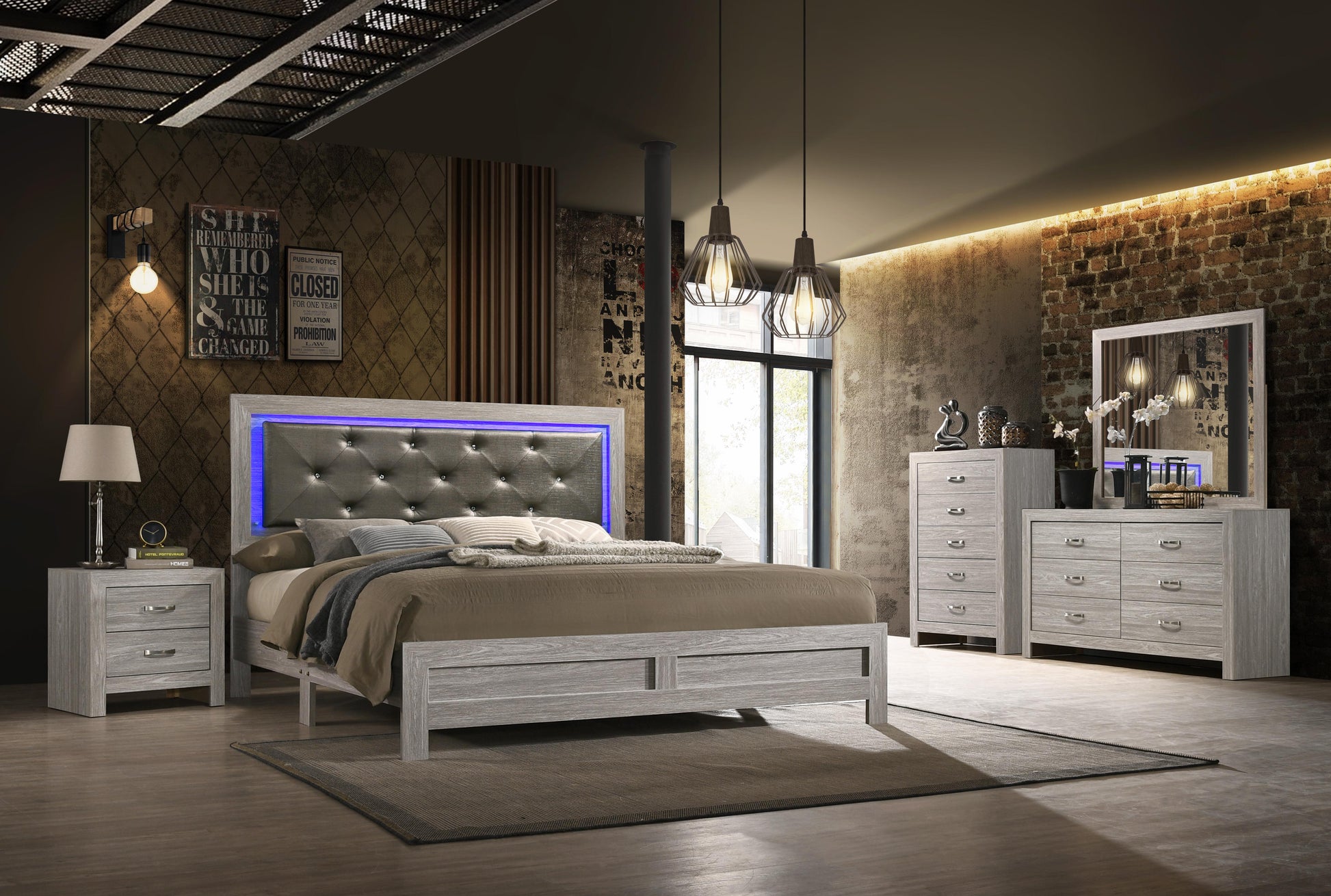 Yasmine White Modern Style King Bed in Gray finish Wood - ATL FURNITURE