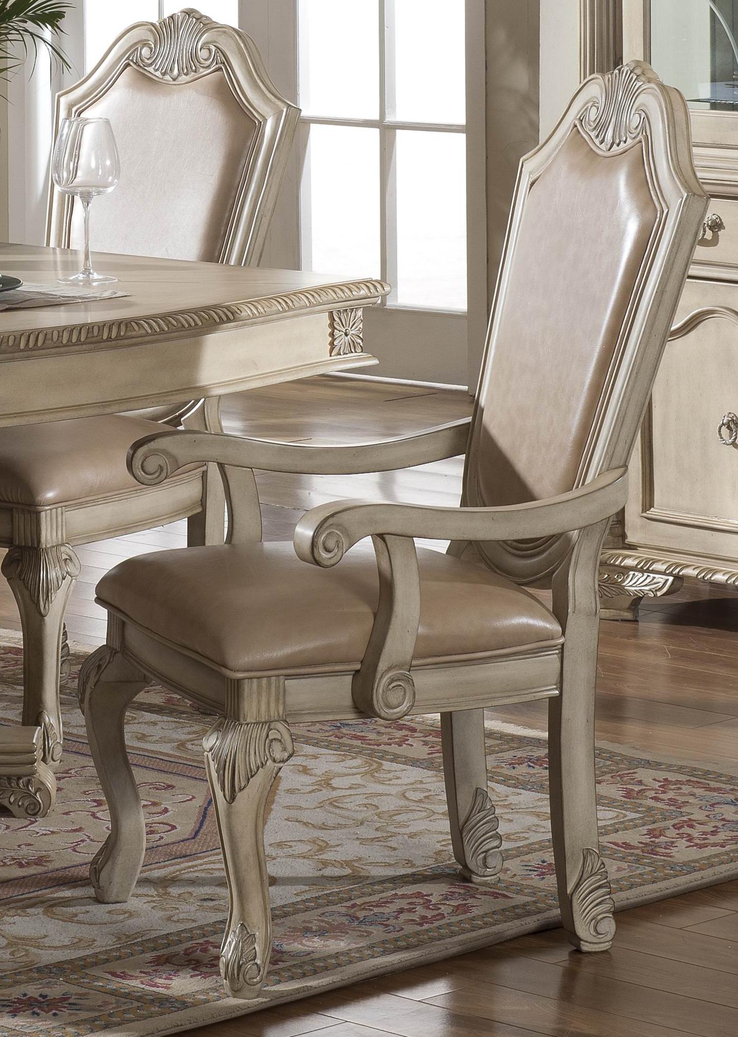 Veronica Antique White Traditional Style Dining Arm Chair in Champagne finish Wood - ATL FURNITURE