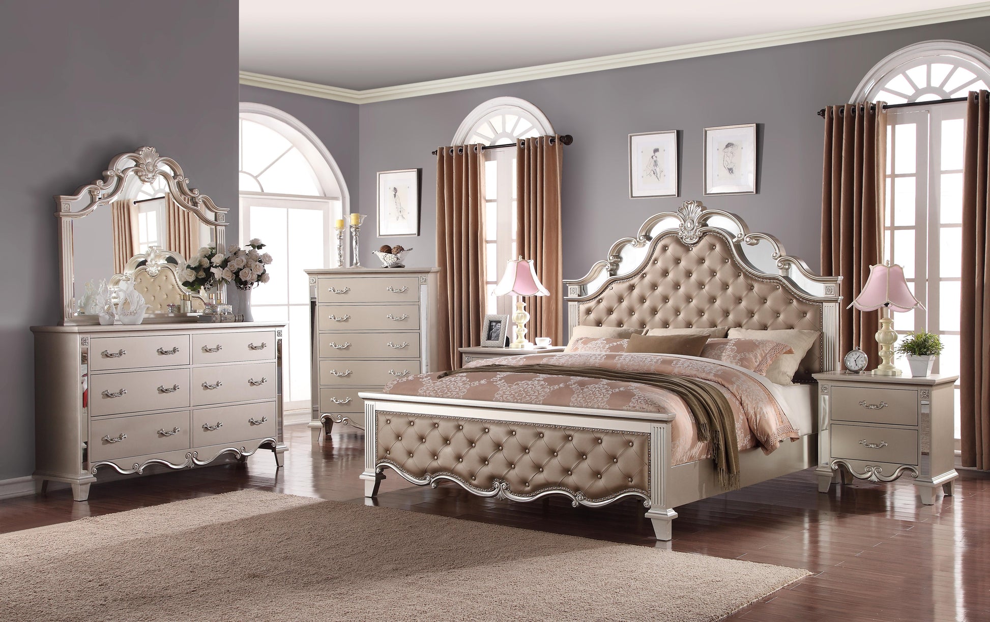 Sonia Contemporary Style King Bed in Beige finish Wood - ATL FURNITURE