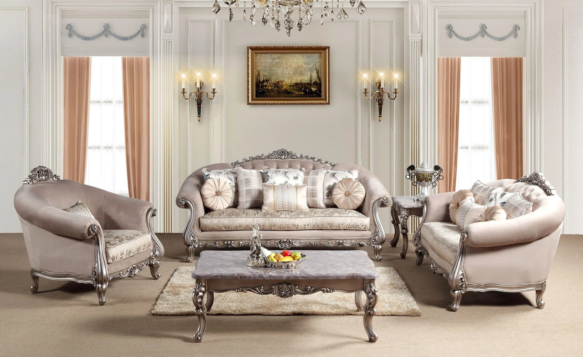 Cristina Traditional Sofa and Loveseat in Beige Wood Finish by Cosmos Furniture - ATL FURNITURE