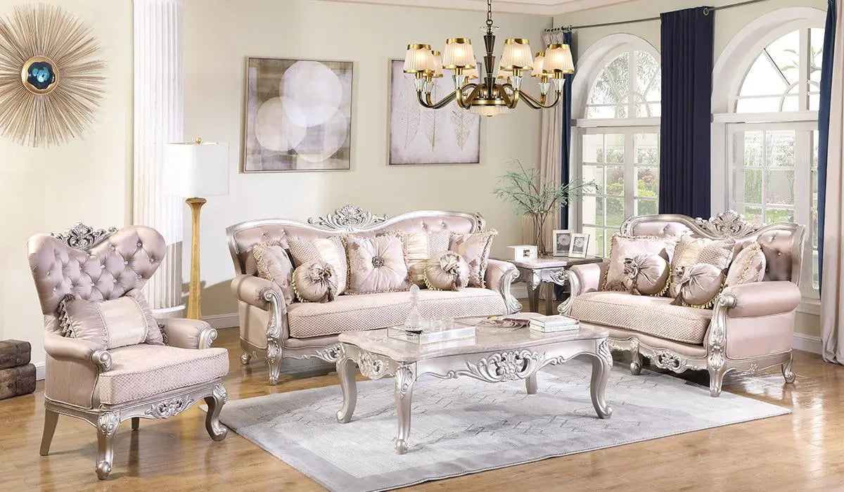 Daisy Traditional Sofa and Loveseat in Cream Wood Finish by Cosmos Furniture - ATL FURNITURE