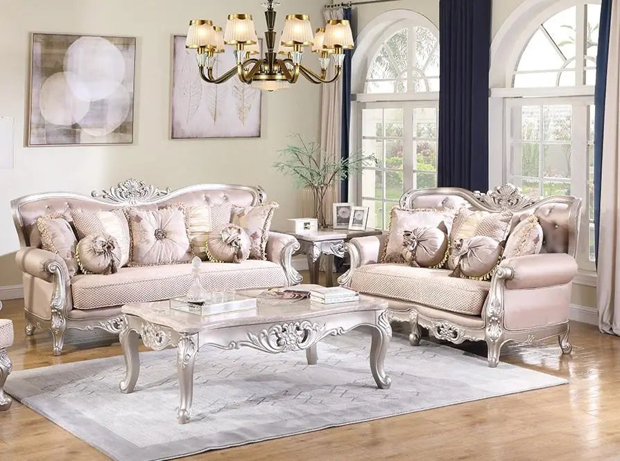 Daisy Traditional Sofa and Loveseat in Cream Wood Finish by Cosmos Furniture - ATL FURNITURE