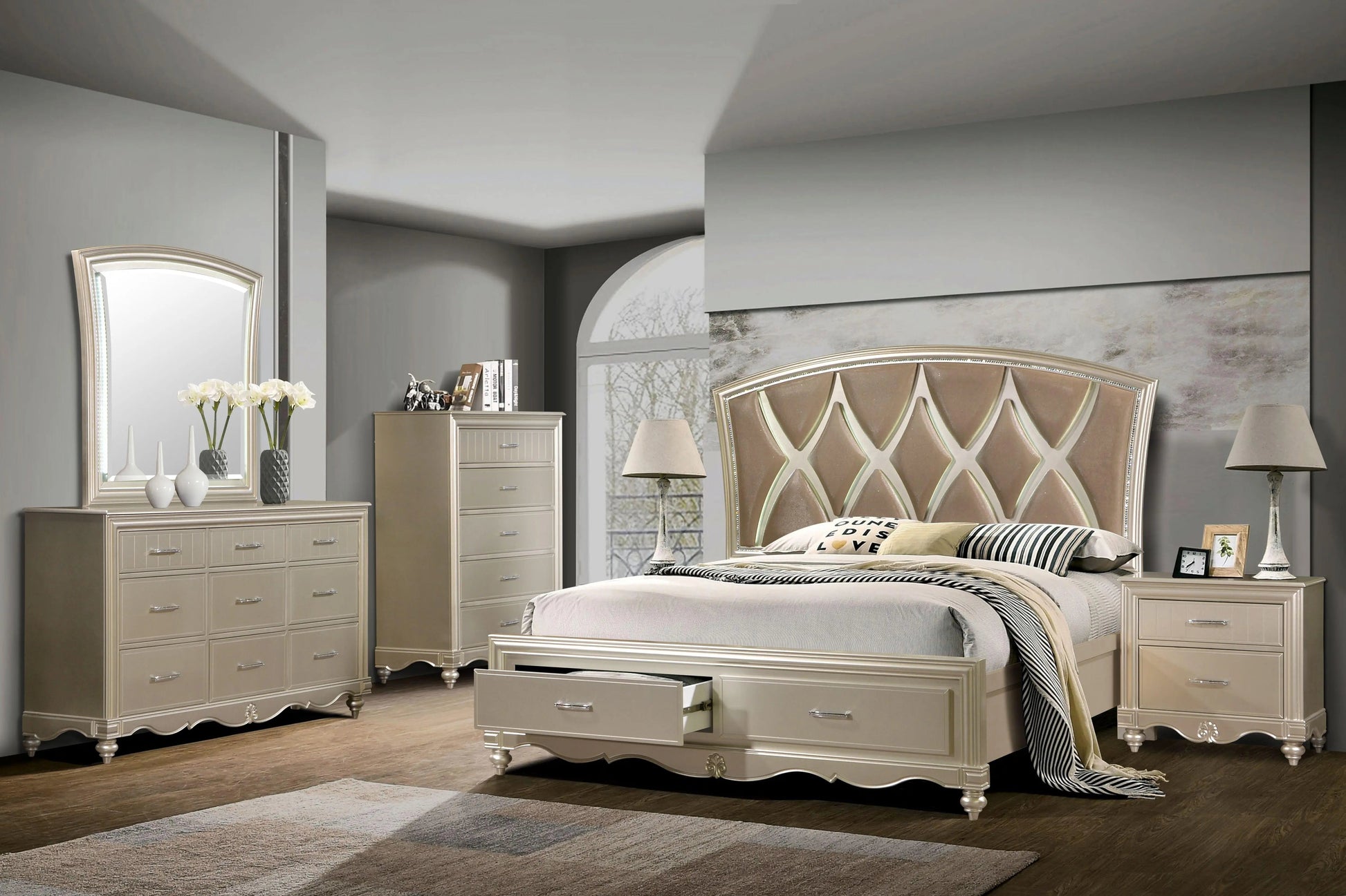 Faisal 6Pc Traditional Bedroom Set in Champagne Finish by Cosmos Furniture - ATL FURNITURE