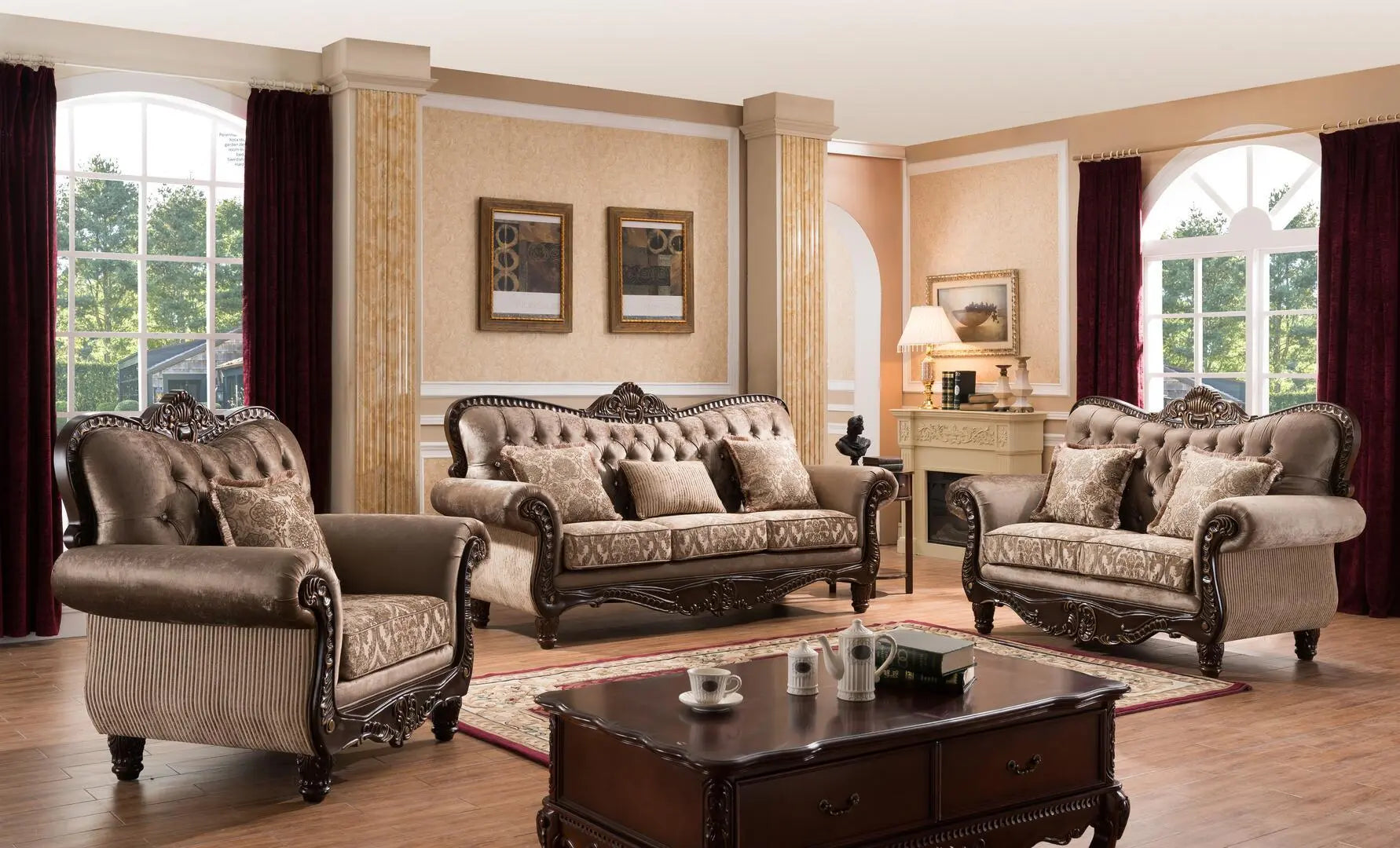 Giana Traditional Sofa and Loveseat in Cherry Wood Finish by Cosmos Furniture - ATL FURNITURE