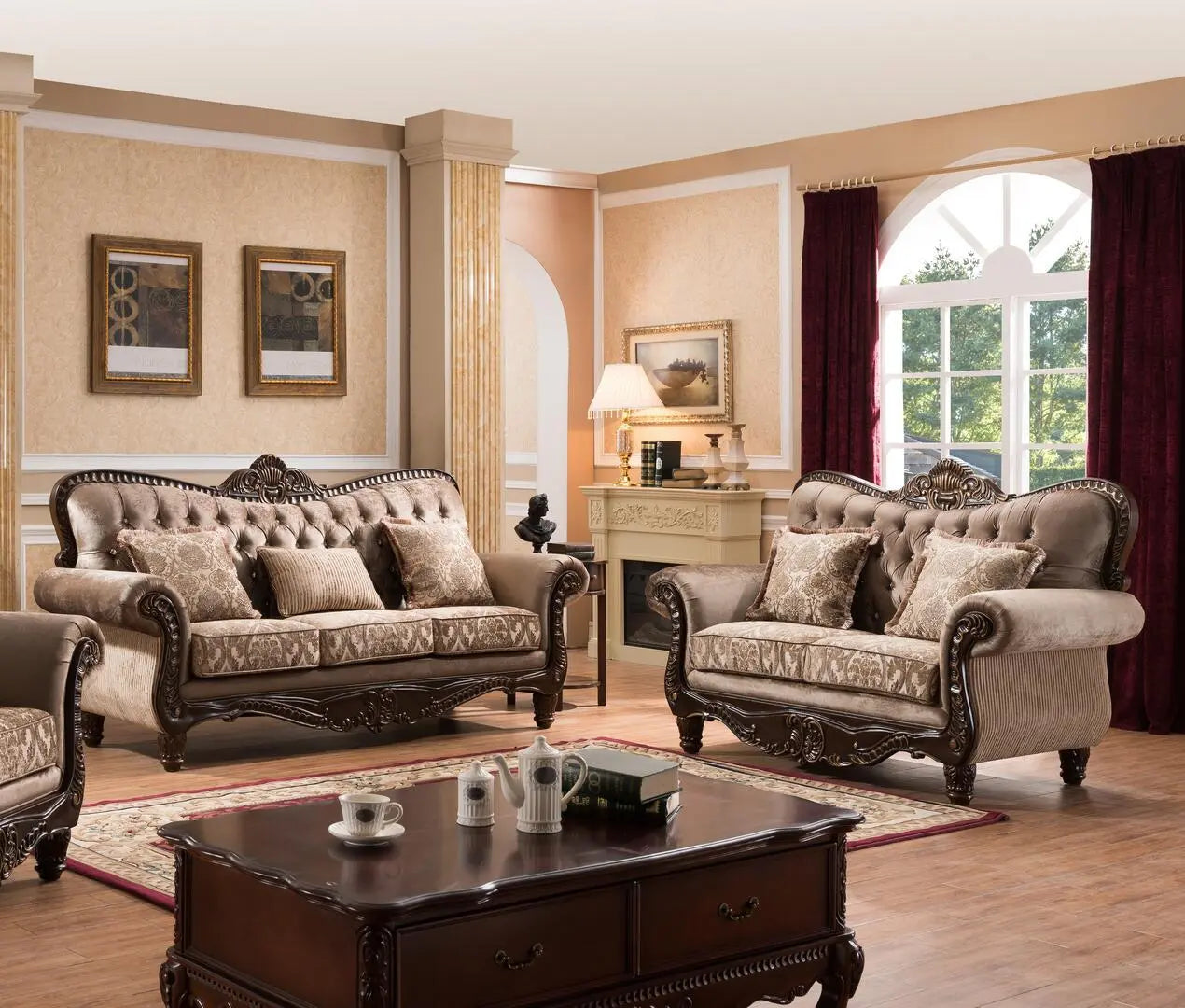 Giana Traditional Sofa and Loveseat in Cherry Wood Finish by Cosmos Furniture - ATL FURNITURE