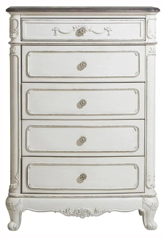 Homelegance Cinderella 5 Drawer Chest In Antique White With Grey Rub-Through 1386Nw-9 - ATL FURNITURE