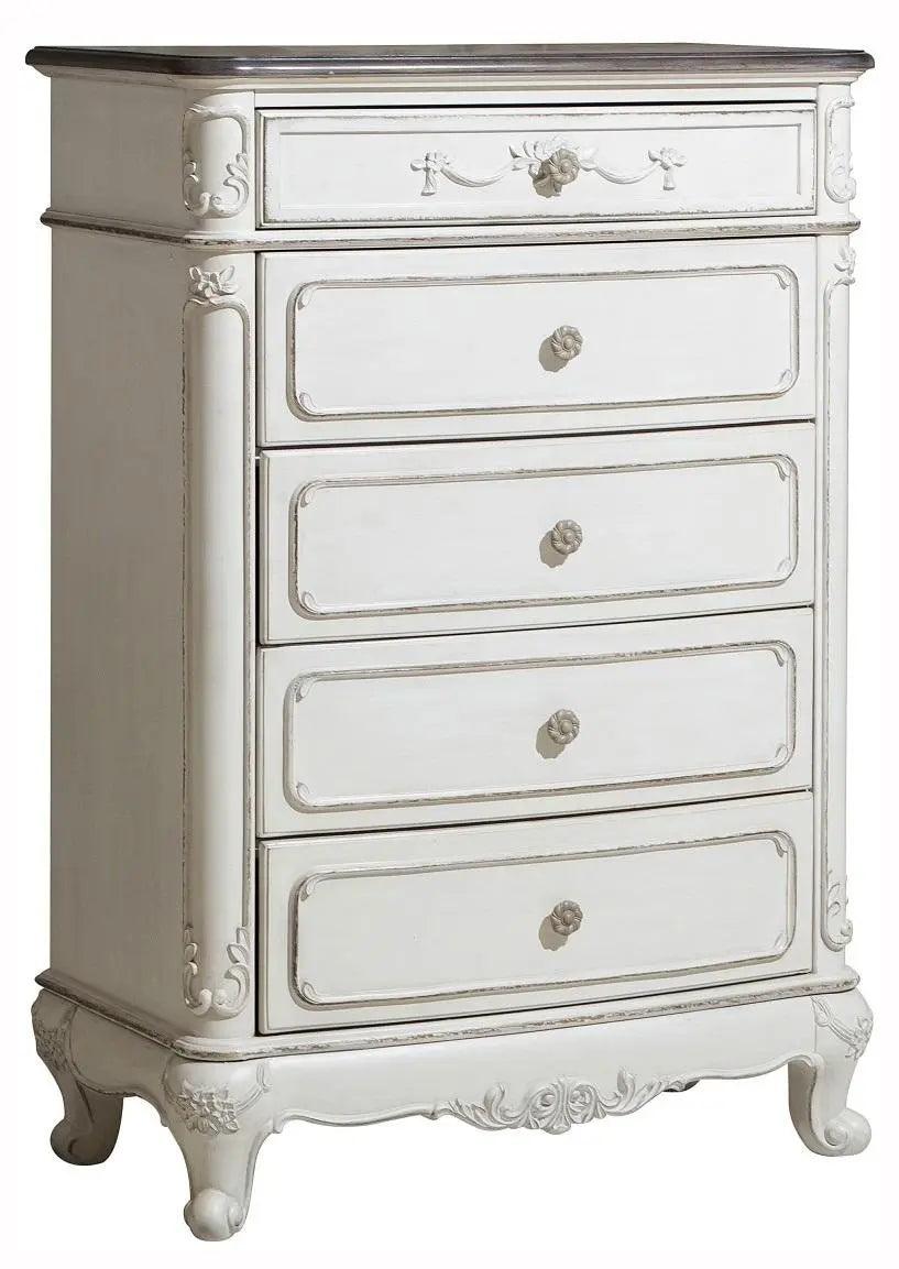 Homelegance Cinderella 5 Drawer Chest In Antique White With Grey Rub-Through 1386Nw-9 - ATL FURNITURE