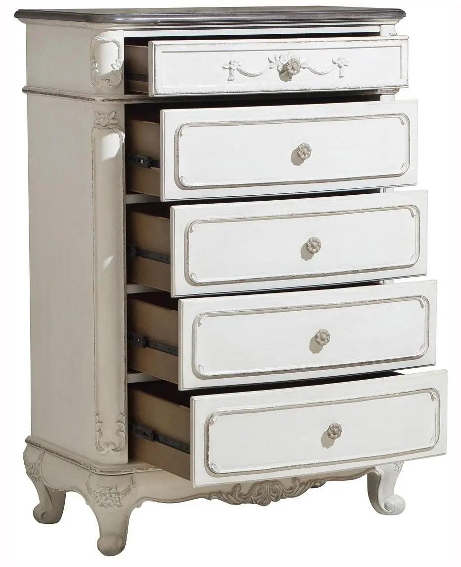 Homelegance Cinderella 5 Drawer Chest In Antique White With Grey Rub-Through 1386Nw-9 - ATL FURNITURE