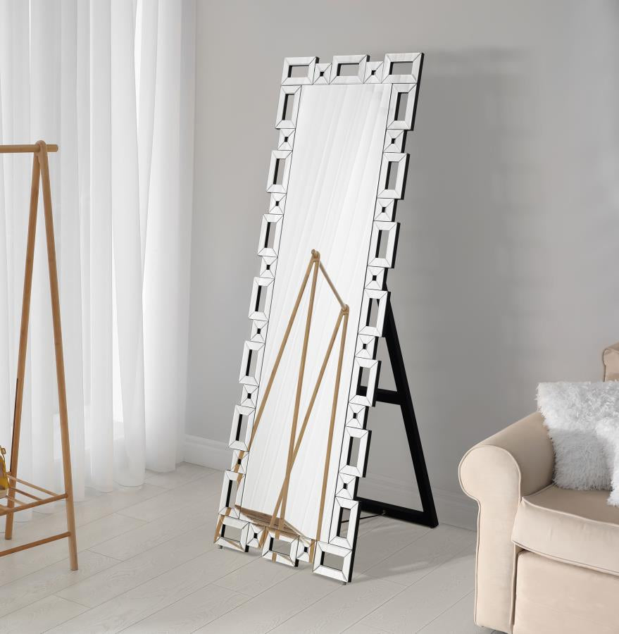 Tavin 24 x 65 Inch Geometric Frame Standing Mirror Silver