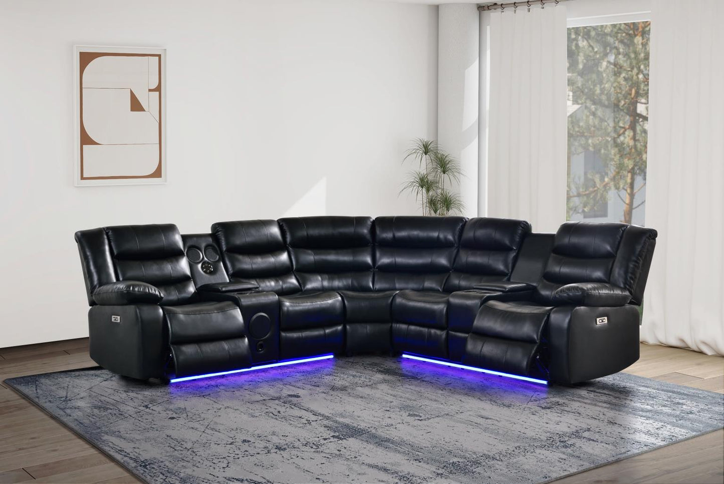 Jovi Sectional Black Black Leather Gel Power Recliner