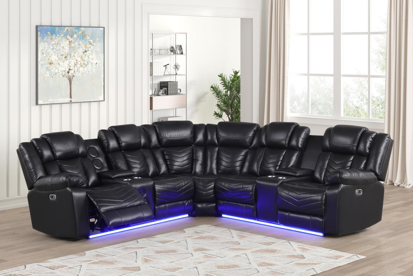 Newnan Black Power Recliner Sectional with Bluetooth Speaker