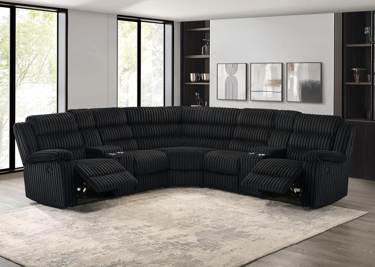 Nexus Black Manual Recliner Sectional with Storage Consoles and Cup Holder
