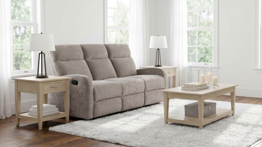 HAMILTON CHENILLE UPHOLSTERED MANUAL RECLINING SOFA SAND