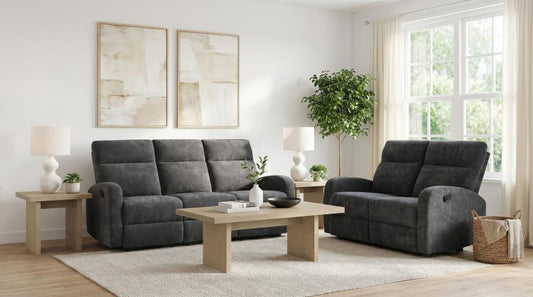HAMILTON 2-PIECE CHENILLE MANUAL RECLINING SOFA SET CHARCOAL GREY