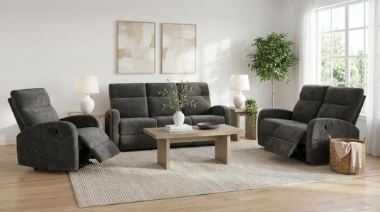 HAMILTON 3-PIECE CHENILLE MANUAL RECLINING SOFA SET CHARCOAL GREY