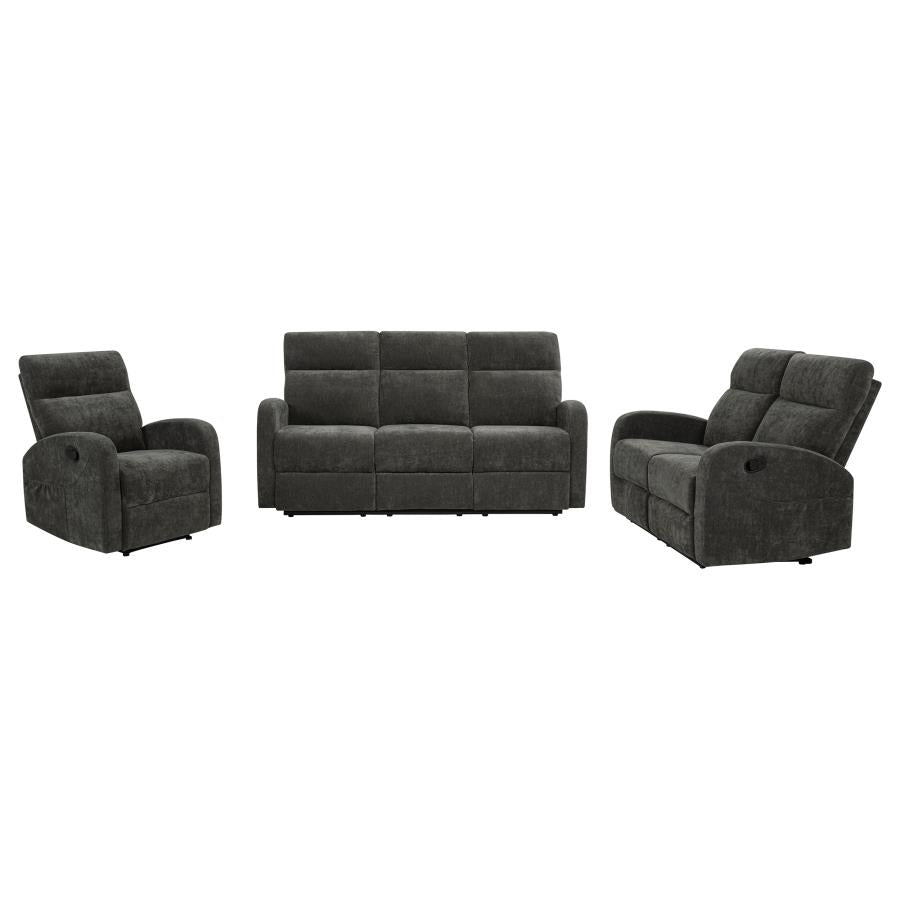HAMILTON 3-PIECE CHENILLE MANUAL RECLINING SOFA SET CHARCOAL GREY