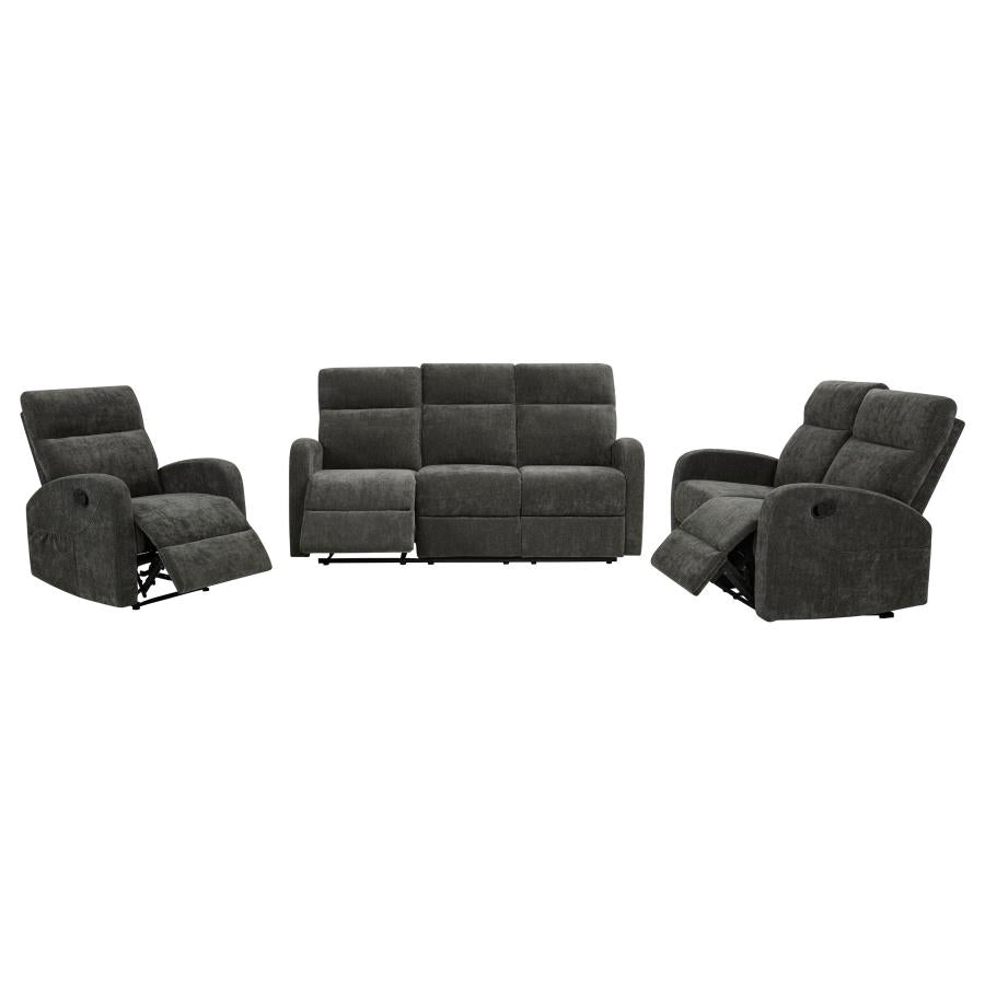HAMILTON 3-PIECE CHENILLE MANUAL RECLINING SOFA SET CHARCOAL GREY
