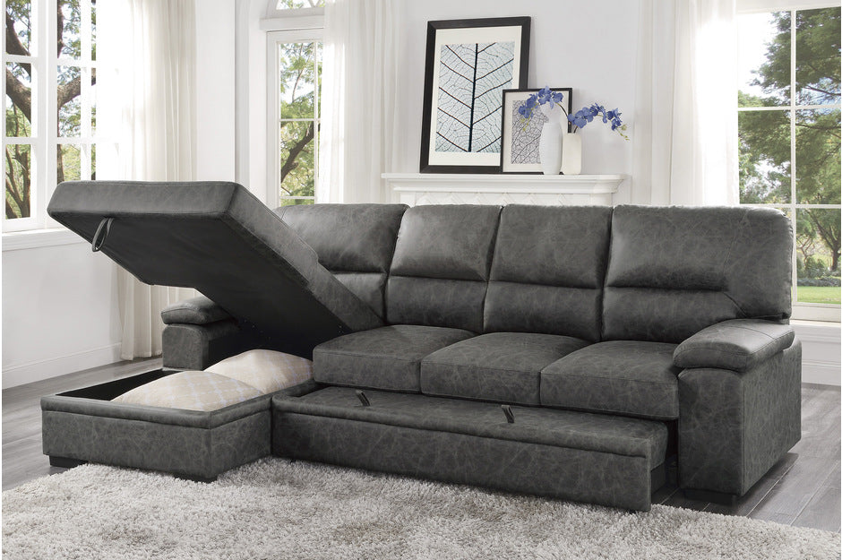 Michigan 2-Piece Sectional With Pull-Out Bed And Right Chaise With Hidden Storage In Dark Gray
