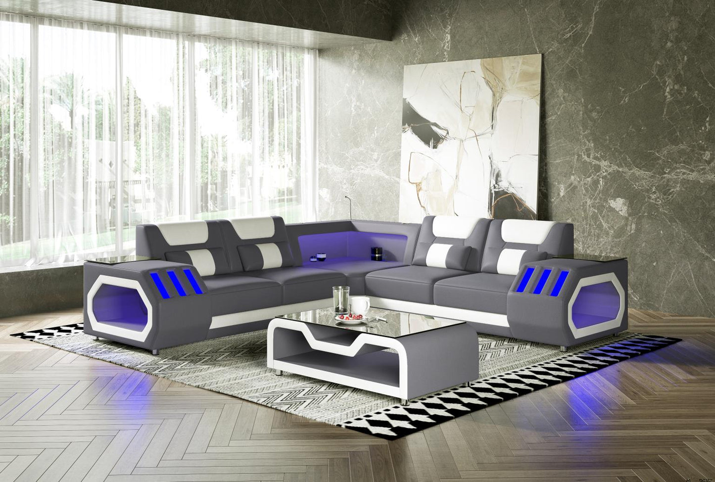 Enchanted Gray & White 3PC Sectional with Bluetooth Speaker, Reading Light, LED