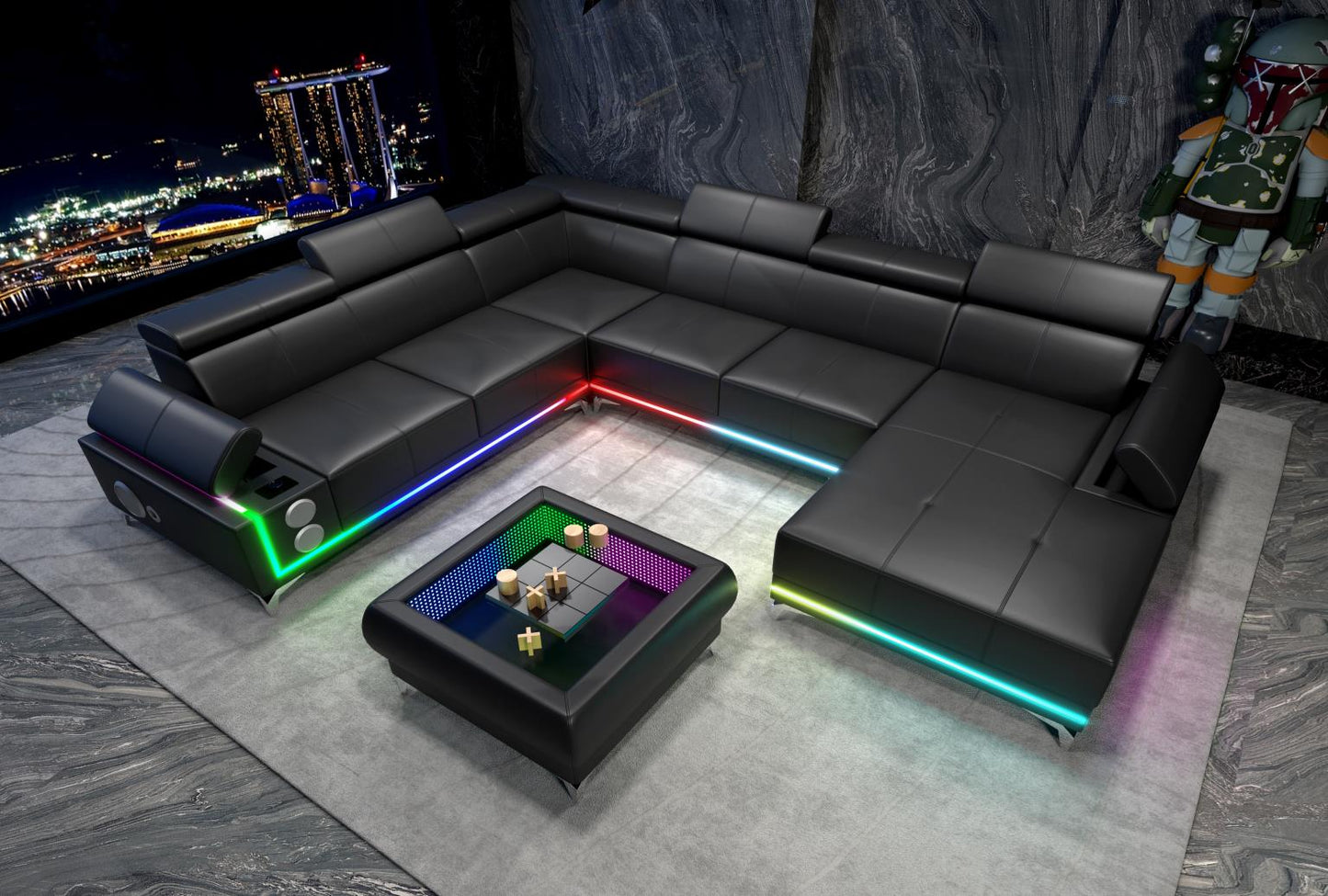 Raya 4PC Black Sectional with Adjustable Headrest