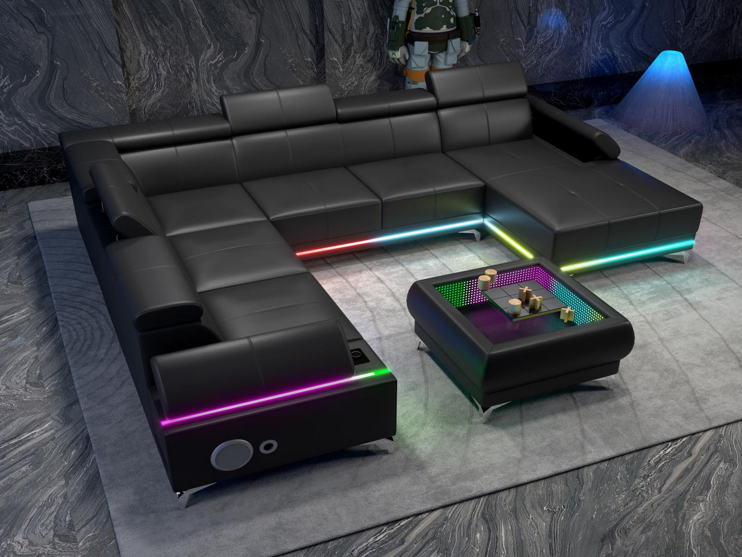 Raya 4PC Black Sectional with Adjustable Headrest