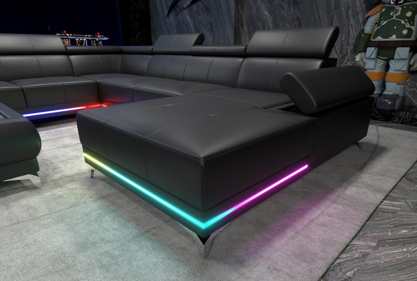 Raya 4PC Black Sectional with Adjustable Headrest