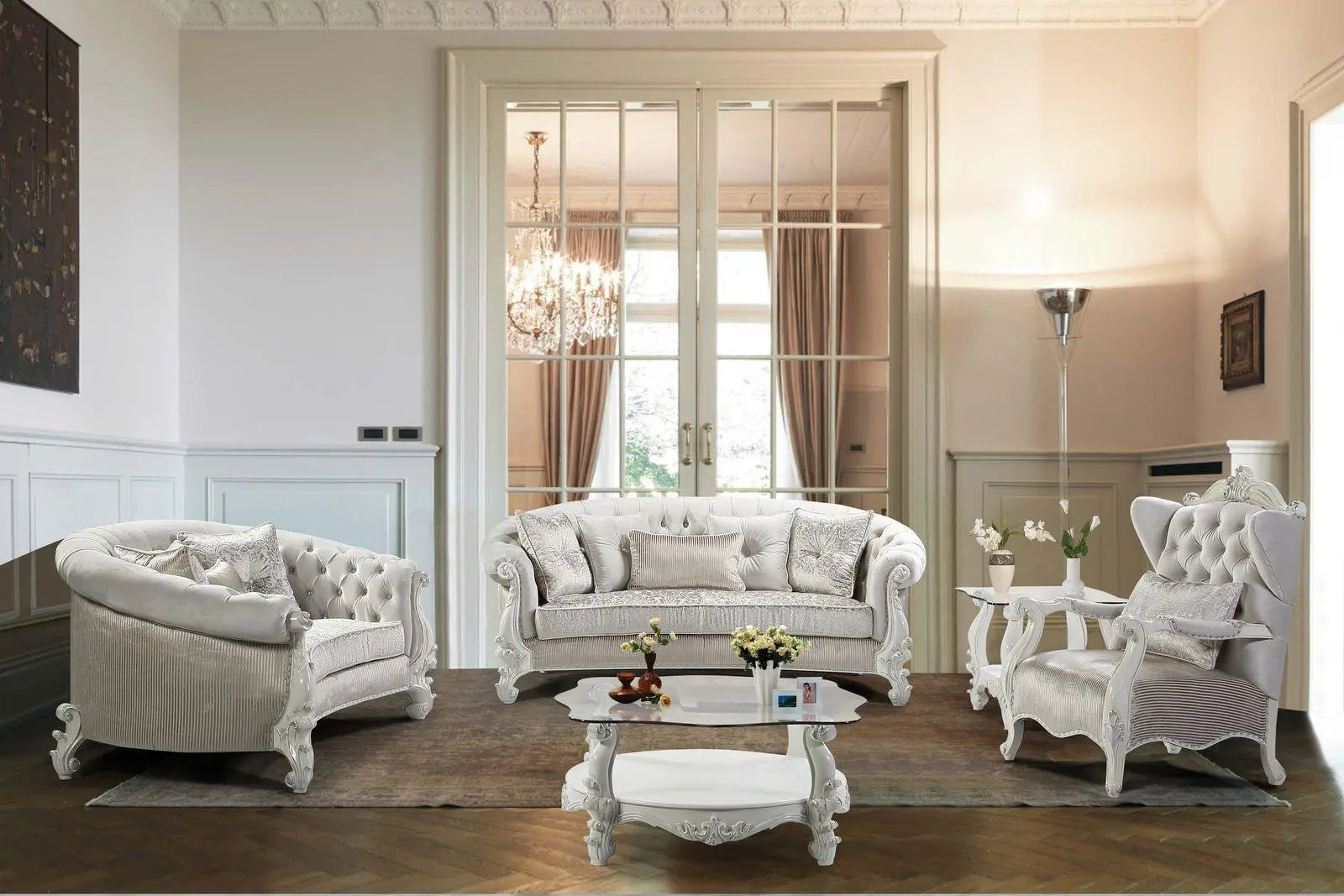 Juliana Traditional Sofa and Loveseat in Pearl White Wood Finish by Cosmos Furniture - ATL FURNITURE