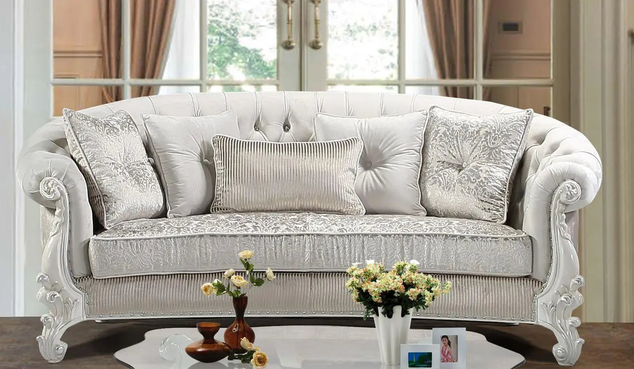 Juliana Traditional Sofa and Loveseat in Pearl White Wood Finish by Cosmos Furniture - ATL FURNITURE