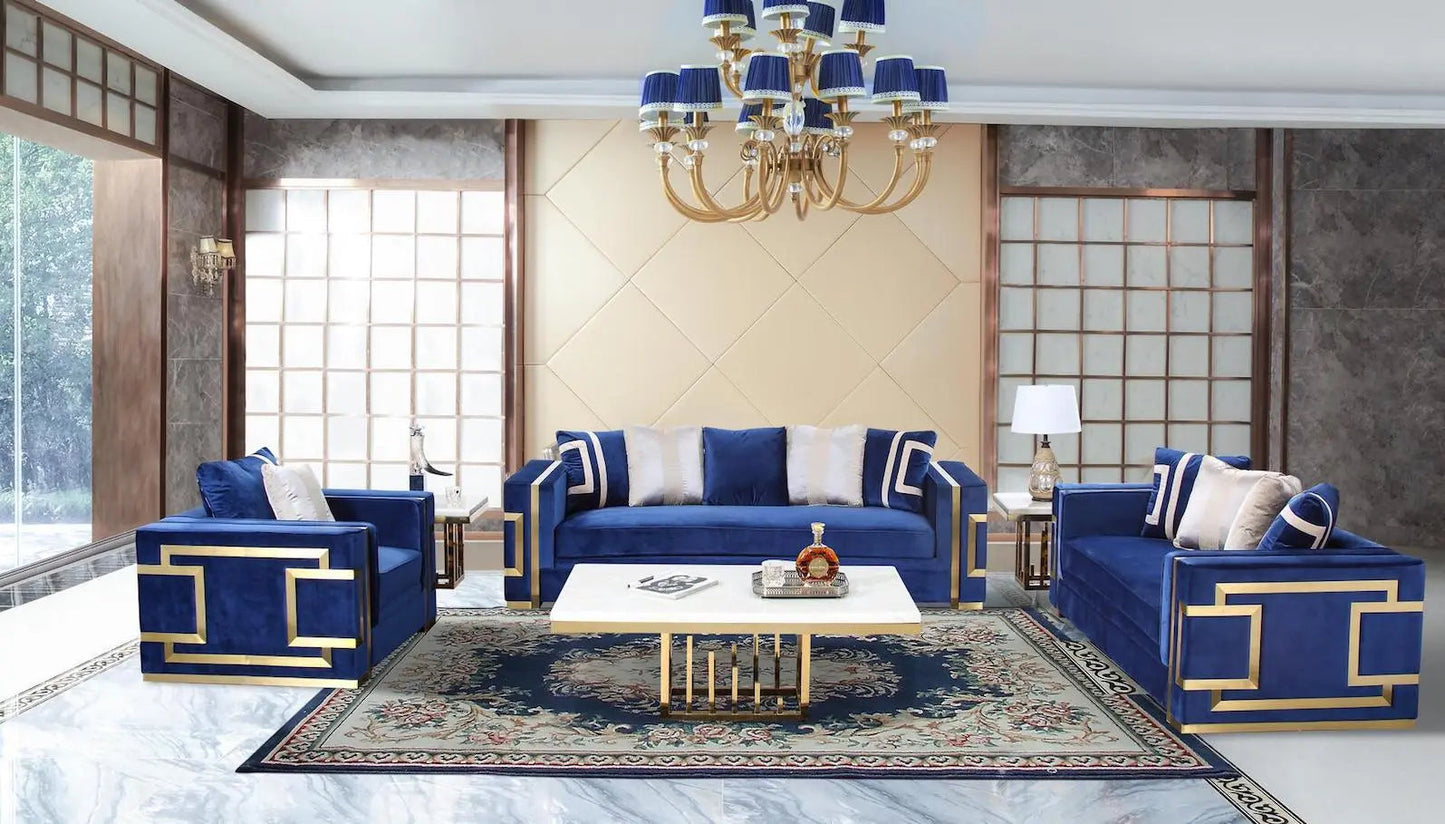 Lawrence Transitional Sofa and Loveseat in Navy Fabric by Cosmos Furniture - ATL FURNITURE